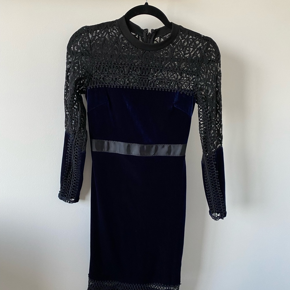 Topshop Petite Mixed Lace Velvet Midi Dress Size 2 Eur 34